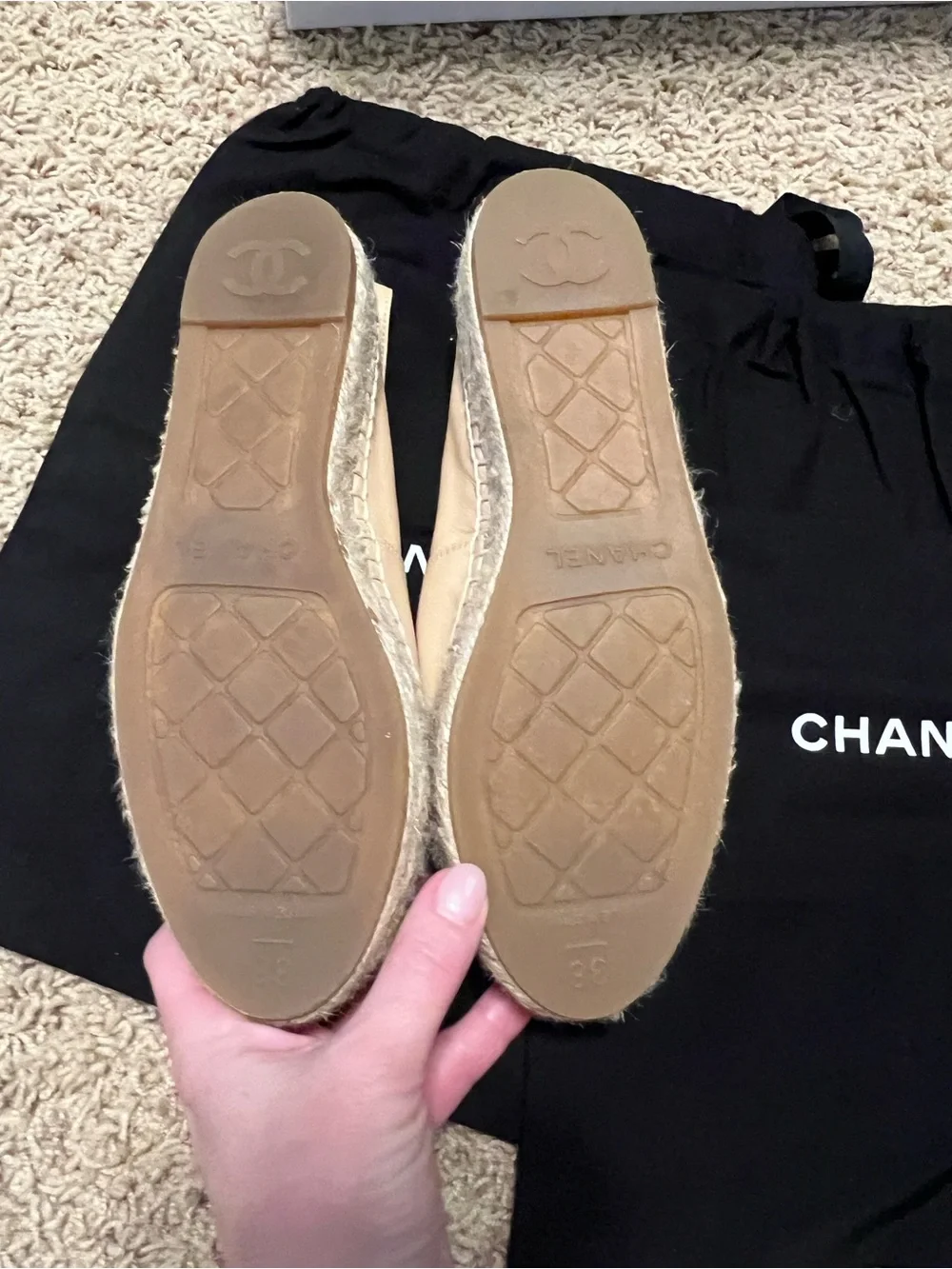 CHANEL Beige and Black Leather Espadrilles with CC Appliqué